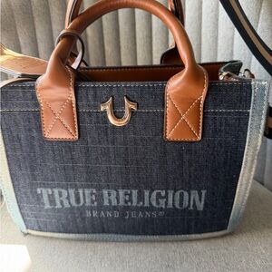 True Religion Blue Denim Bag with Tan Details